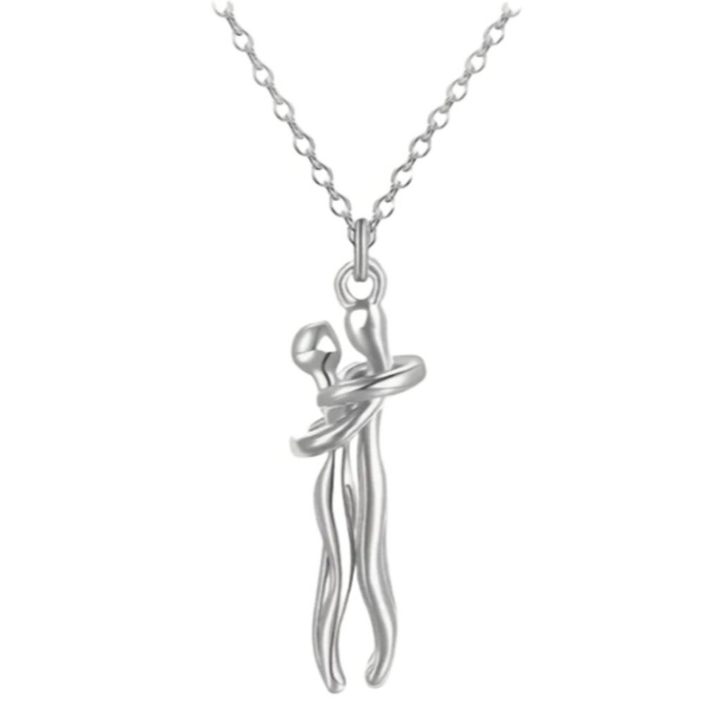 Stainless Steel Hugging Couple Pendant Necklace - Silver Male & Silver Female